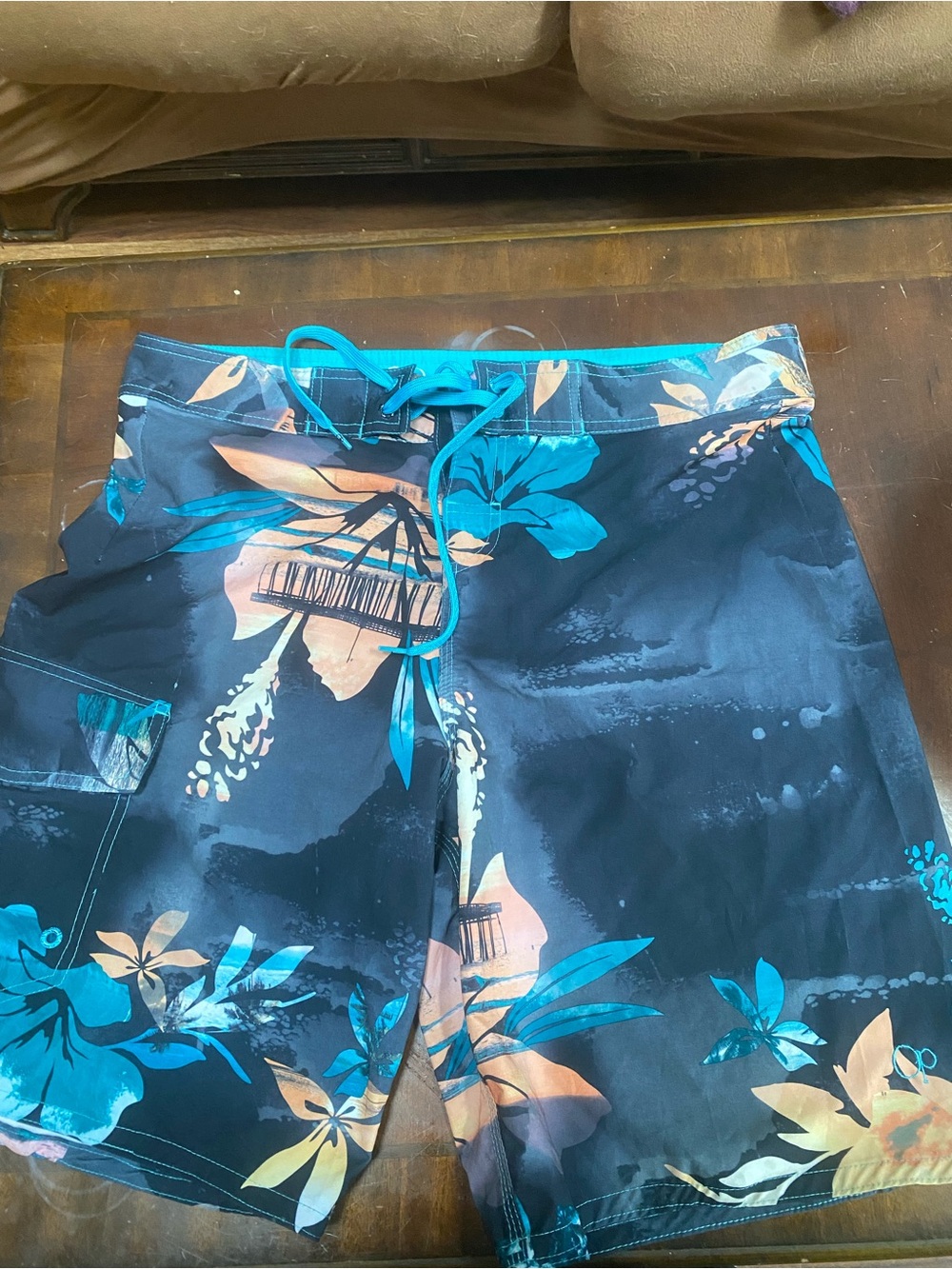 OP Men’s Black Floral Swim Trunks with Teal and Peach Accents